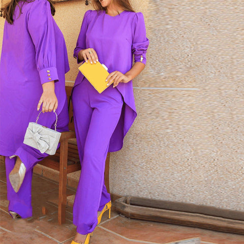 Conjunto Casual com top de gola redonda e calças