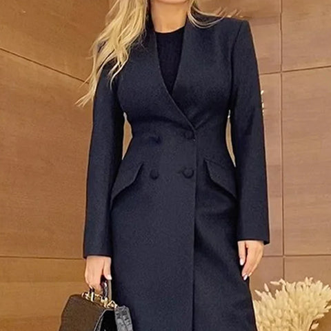 Sobretudo Comprido de Inverno com Gola em V e Cintura